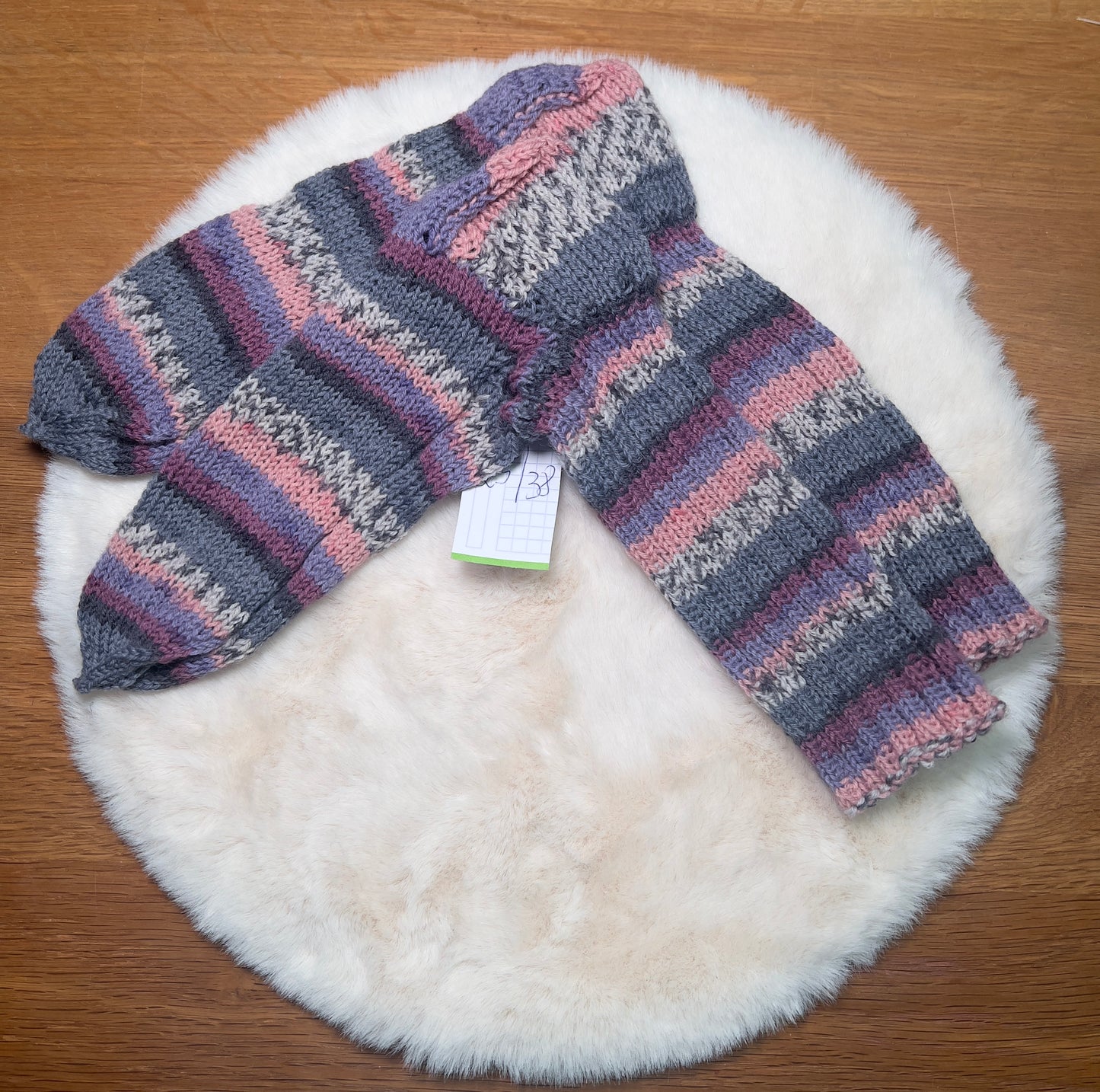 💗 Rosentraum – Handgestrickte Socken aus 100 % Schurwolle (Größe 38, Rosa-Lila-Grau)