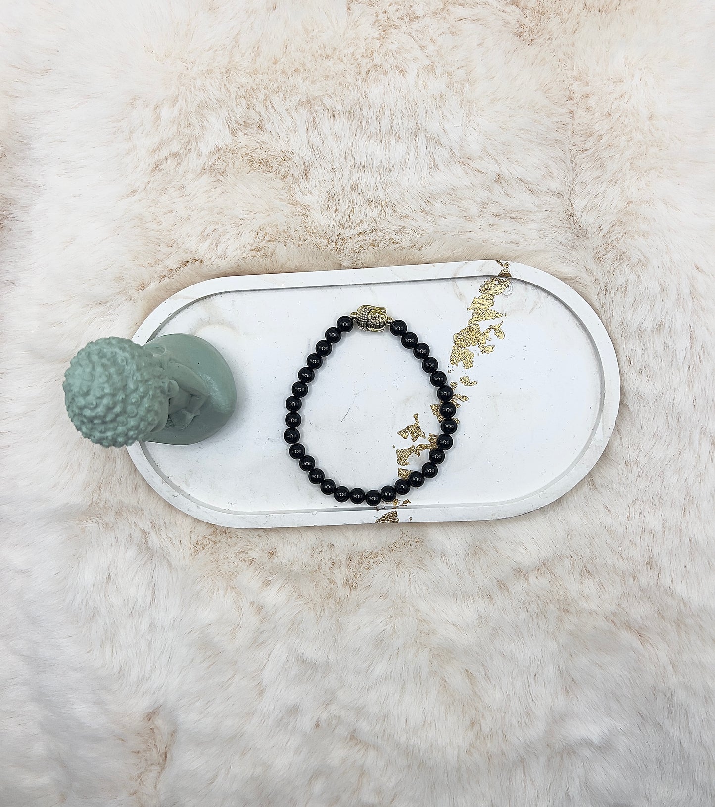 Edelsteinarmband Schwarzer Turmalin | 6 mm rund | Buddha | Edelstahl vergoldet