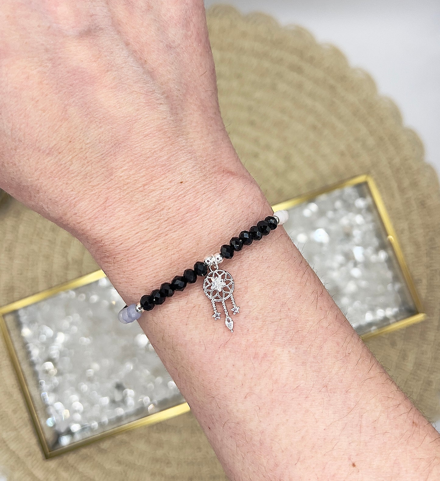 Armband mit Achat, Mondstein & Aquamarin – facettiert 4 mm | Dreamcatcher Anhänger | 925 Silber | handgefertigt