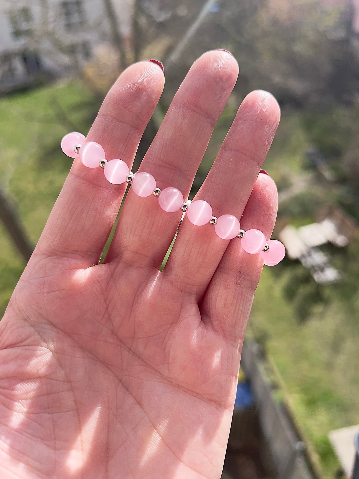 Katzenauge Armband rosa 8 mm – glänzend mit 925 Silber