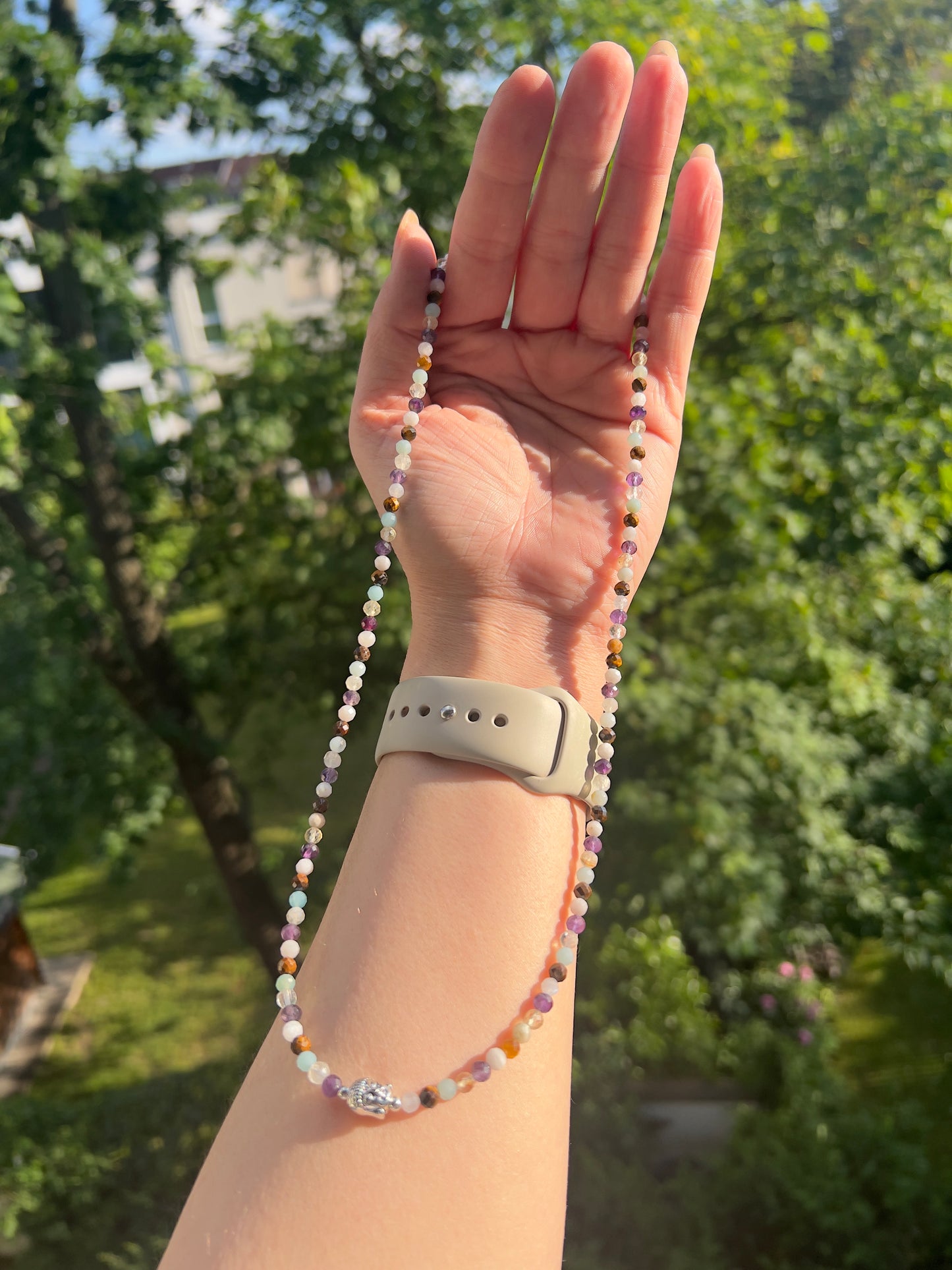 Kette Innere Ruhe - Mondstein, Citrin, Amazonit, Tigerauge & Amethyst ( 4mm ) Silber Buddha