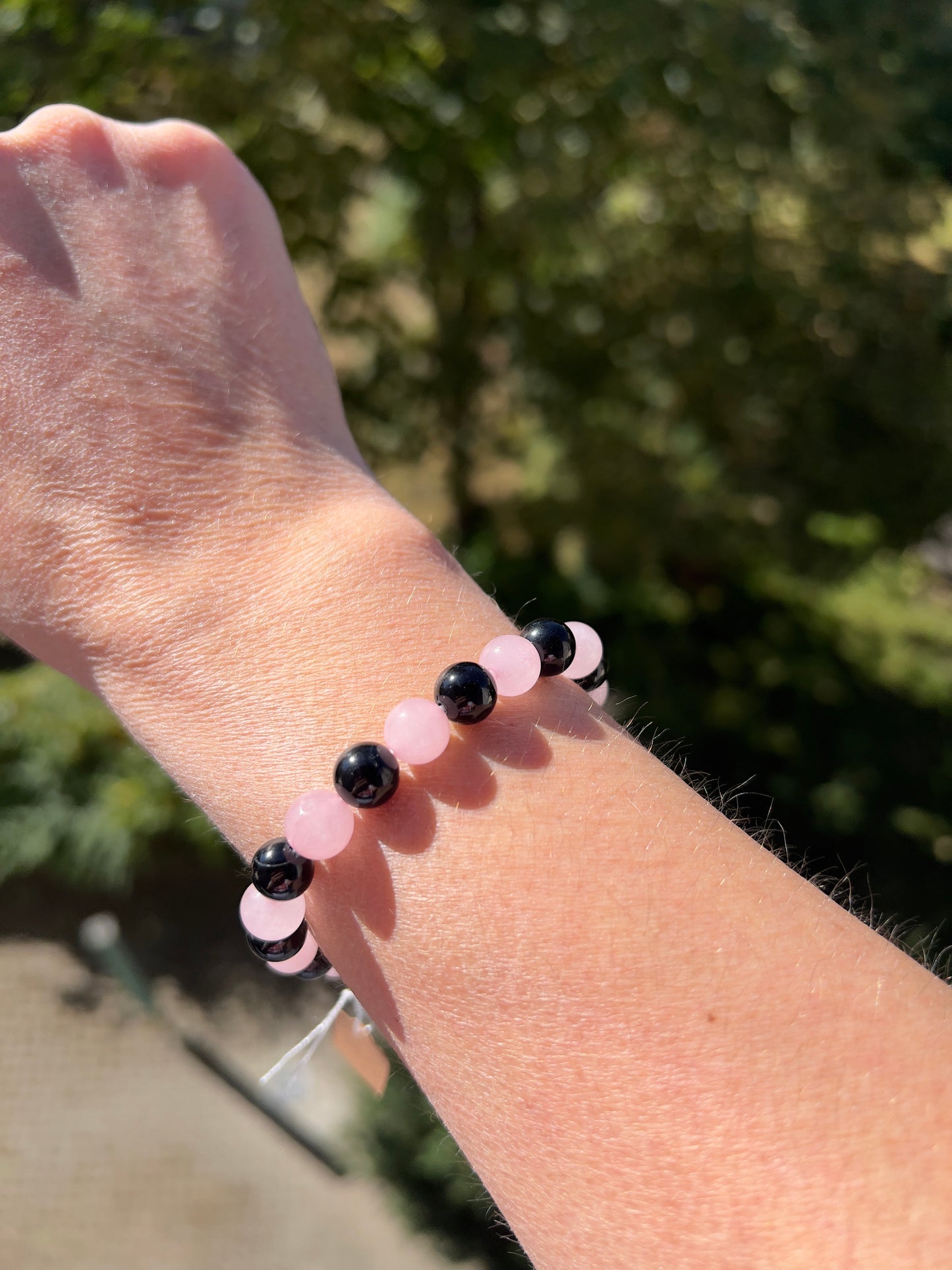 Armband – Rosenquarz & Schwarzer Turmalin 8 mm (Herz & Schutz, handgefertigt, elastisch)