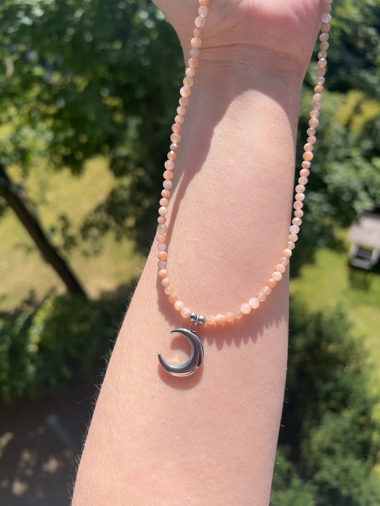 Mondlicht - Magie - Sonnenmondstein - Kette mit Edelstahl - Mondanhänger ( 50cm, 4mm )