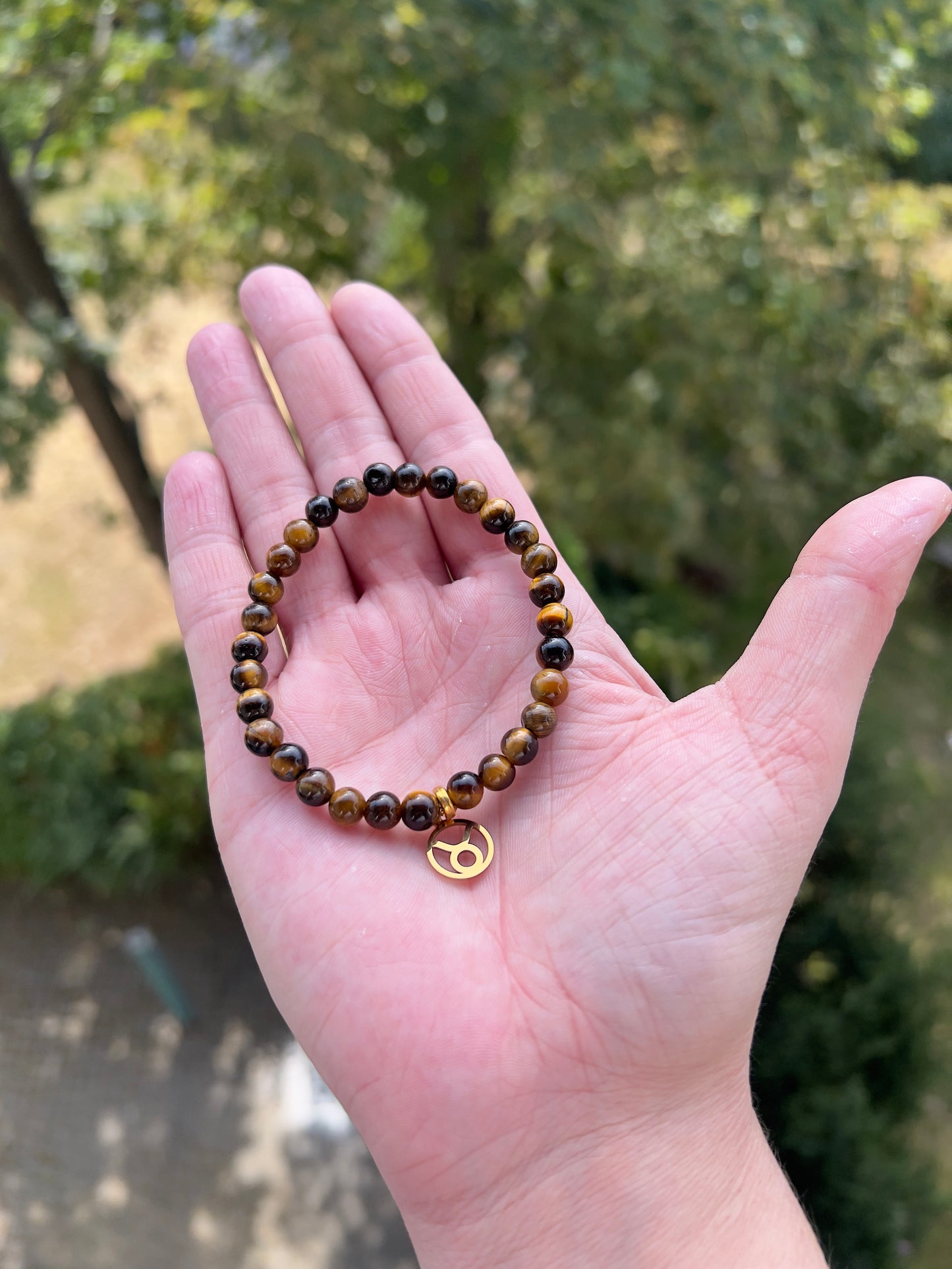 Sternzeichenarmband Stier – Tigerauge 6 mm mit Charme (Silber oder Gold wählbar)