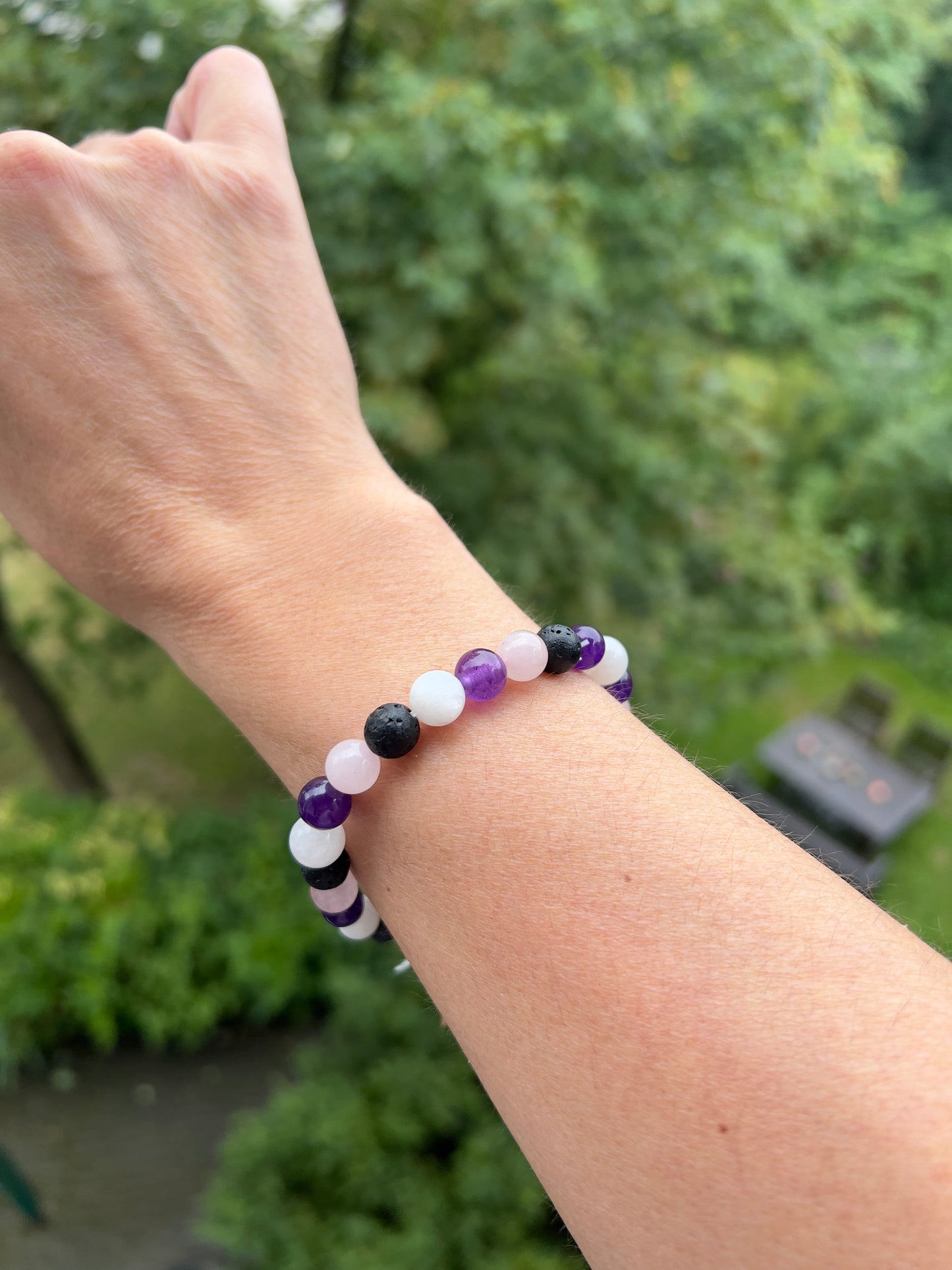 Armband Herzensfeuer - mit Lavastein, Rosenquarz, Amethyst & Mondstein ( 8mm )