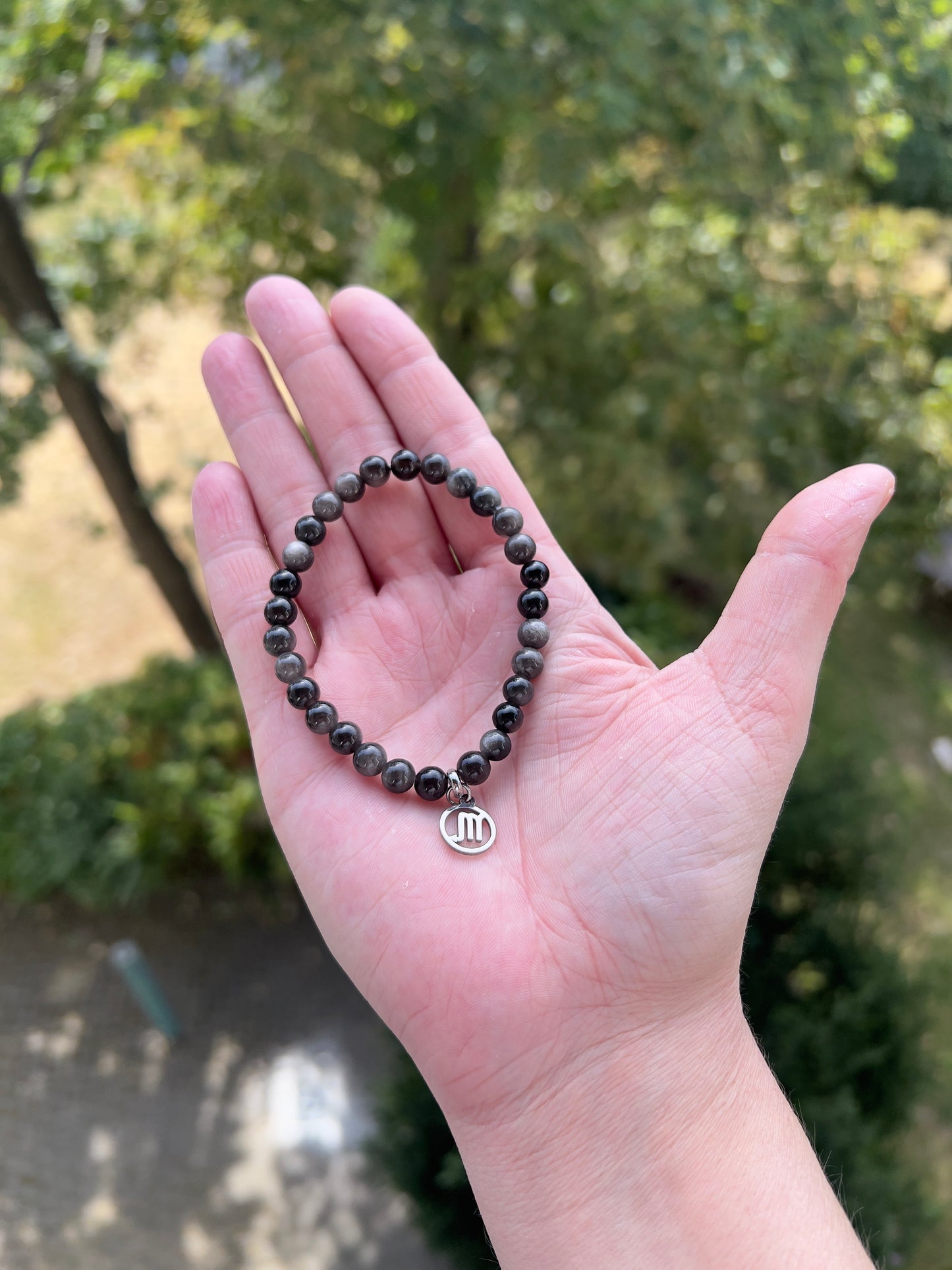 Sternzeichenarmband Skorpion – Schwarzer Obsidian AAA 6 mm mit silbernem Flash (Silber oder Gold wählbar)
