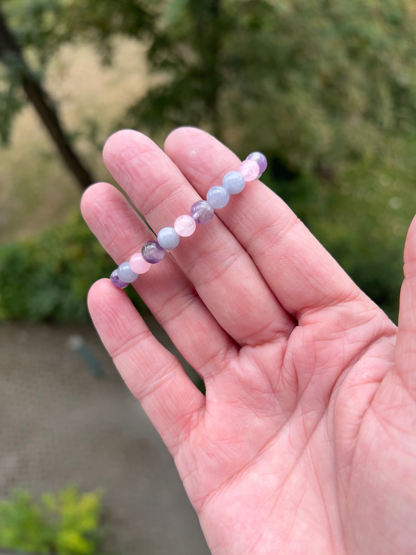 Armband „Sanfte Ruhe“ – Rosenquarz, Dream Amethyst & Blauer Chalcedon (6 mm)