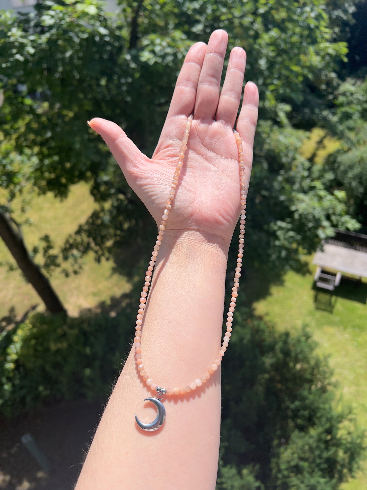 Mondlicht - Magie - Sonnenmondstein - Kette mit Edelstahl - Mondanhänger ( 50cm, 4mm )