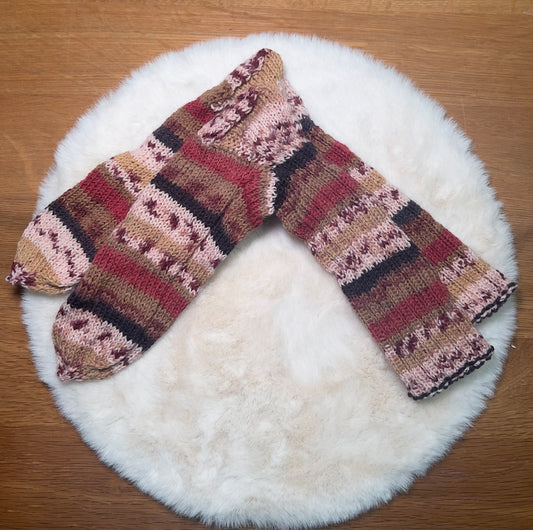 🤎 Herzenswärme – Handgestrickte Socken aus 100 % Schurwolle (Größe 39, Rosé-Weinrot-Beige-Braun)
