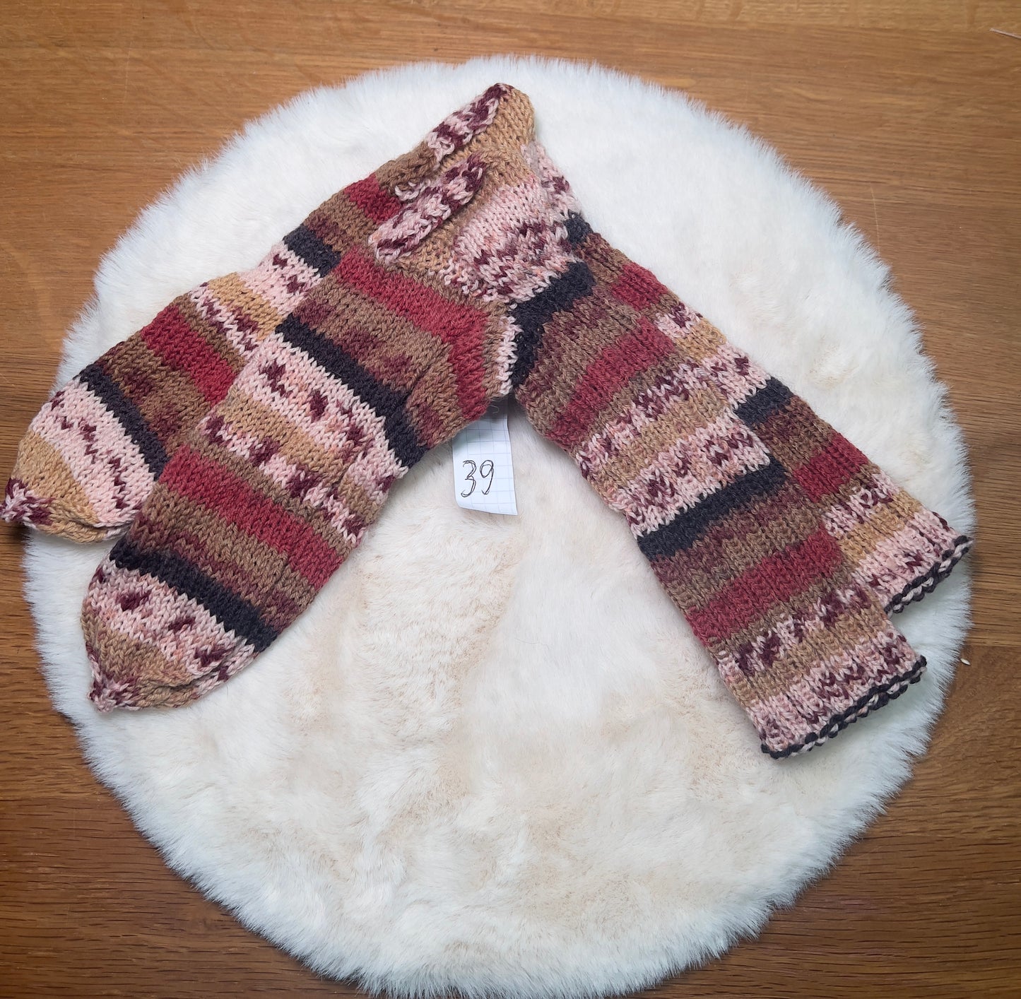 🤎 Herzenswärme – Handgestrickte Socken aus 100 % Schurwolle (Größe 39, Rosé-Weinrot-Beige-Braun)