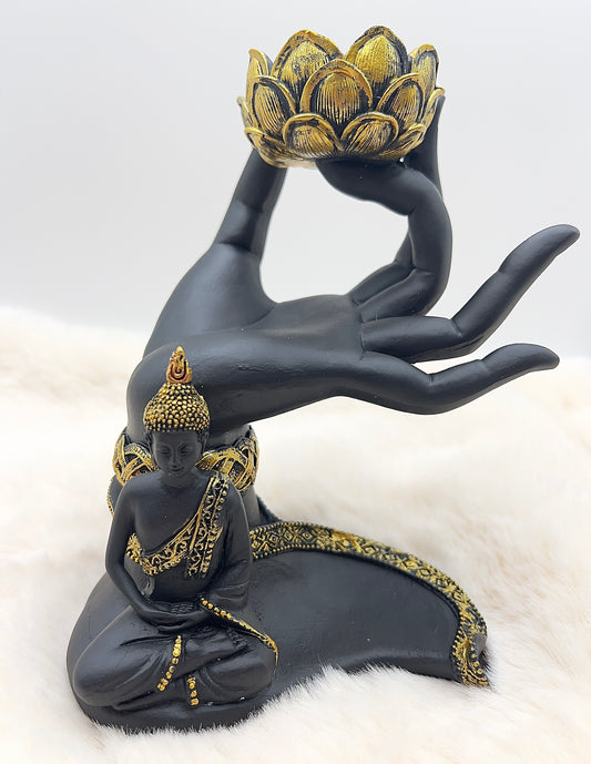 Buddha-Figur mit Hand und Lotus-Teelichthalter – edles Schwarz mit goldenen Akzenten | Harzkunst für Ruhe & Achtsamkeit