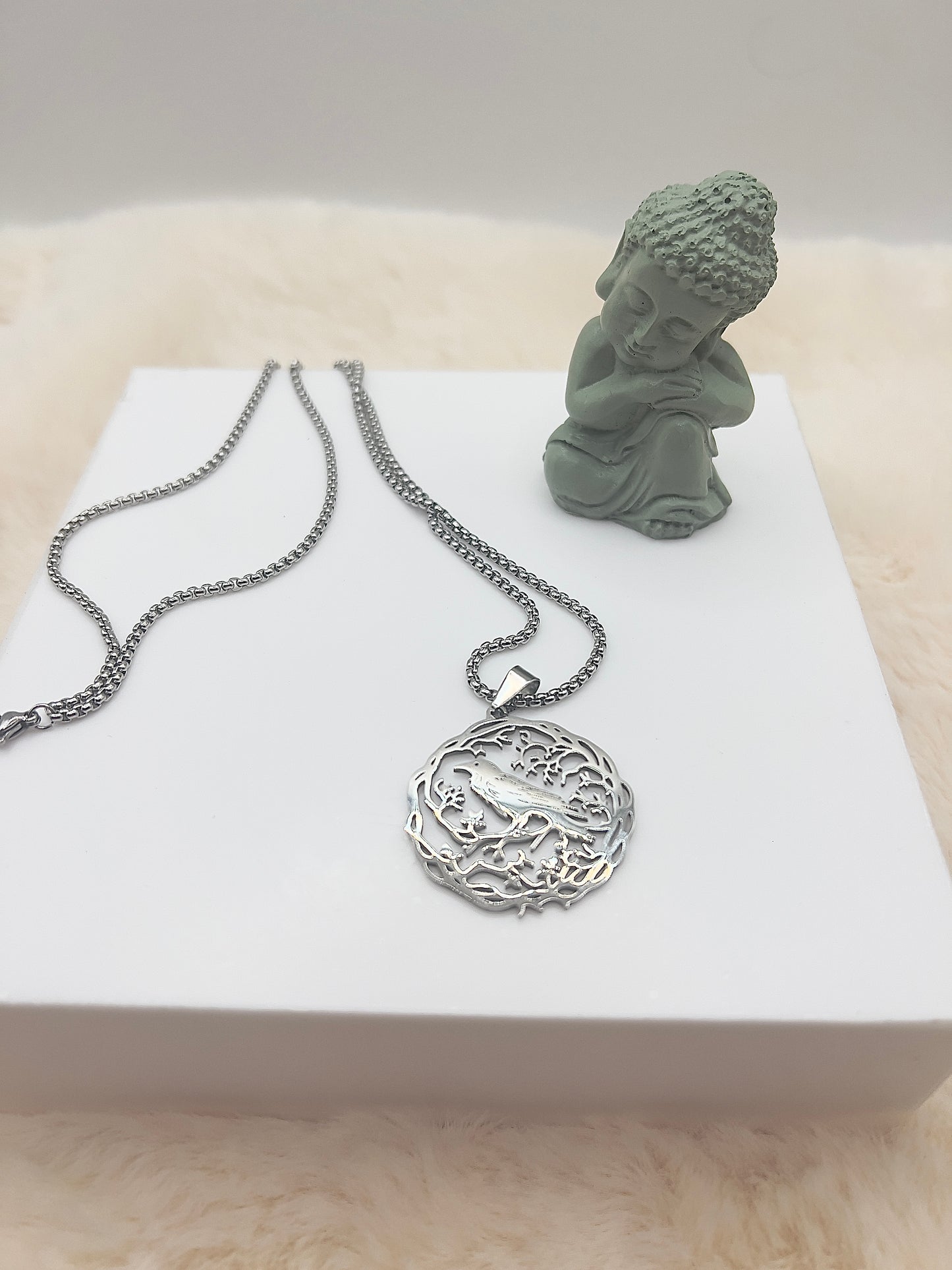 ✨ Edelstahlkette „Rabenwächter“ – 59 cm | Kraftvoller Rabenkreis-Anhänger | Silber oder vergoldet | Mystischer Schutzschmuck