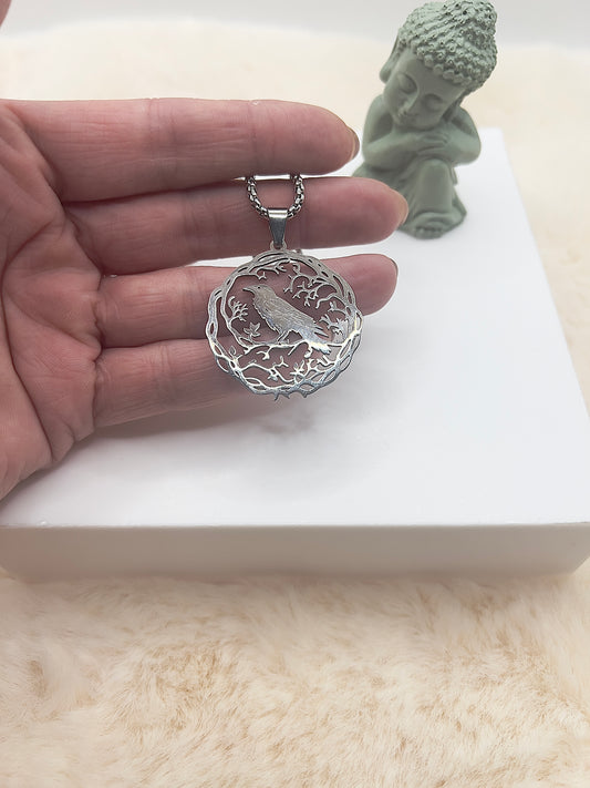 ✨ Edelstahlkette „Rabenwächter“ – 59 cm | Kraftvoller Rabenkreis-Anhänger | Silber oder vergoldet | Mystischer Schutzschmuck