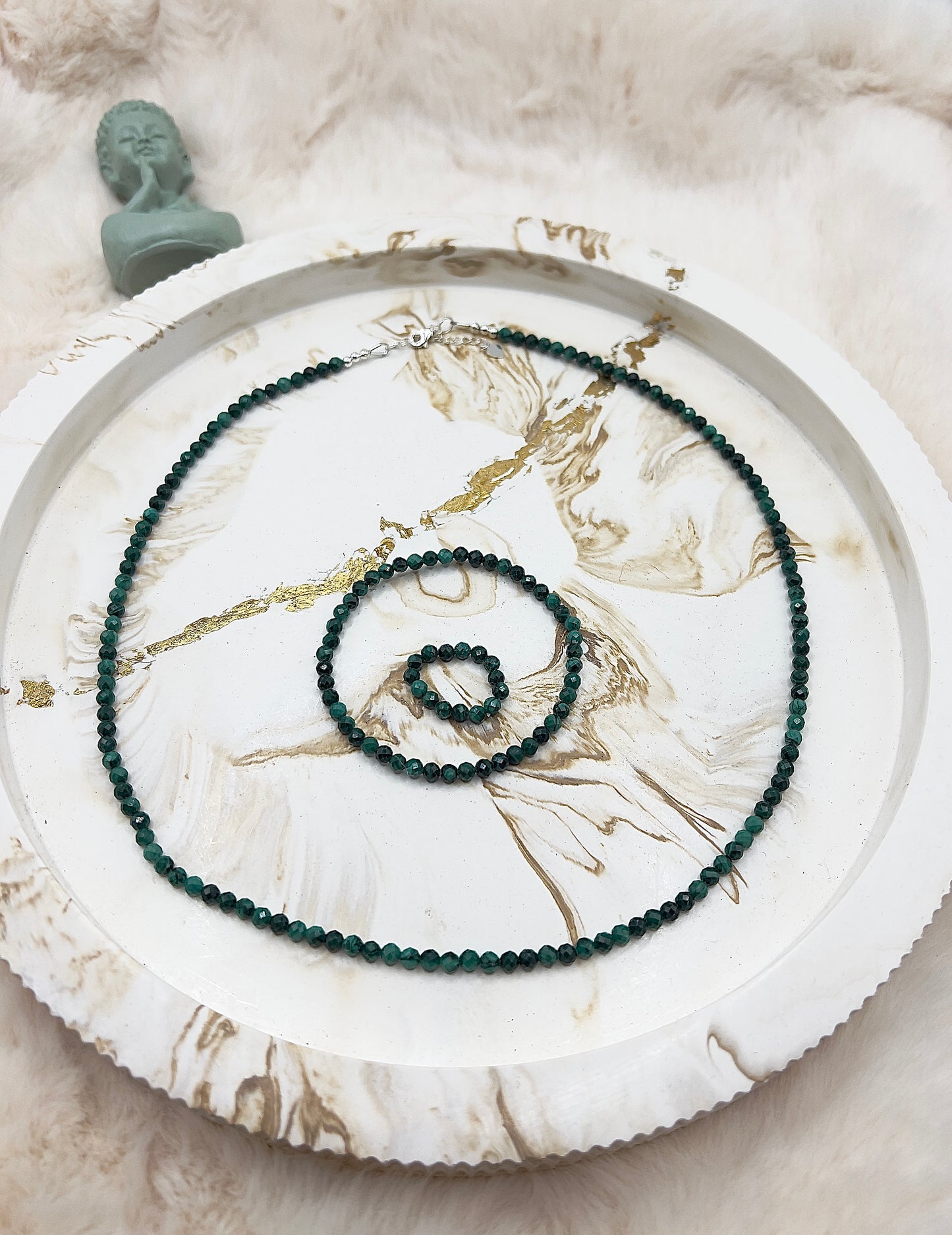 ✨ Adventstürchen 1 – Exklusives Malachit Schmuckset (Kette, Armband & Ring) aus 4 mm facettierten Perlen – limitiert & 20% günstiger ✨