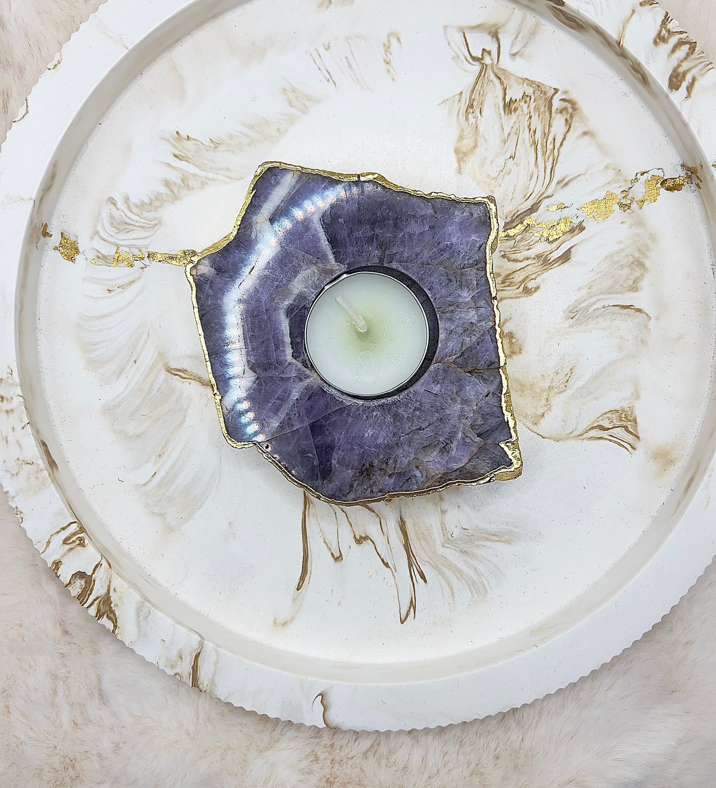 Amethyst-Teelichthalter – handgeschliffen & 24K vergoldet | 358 g | Luxus-Dekostück