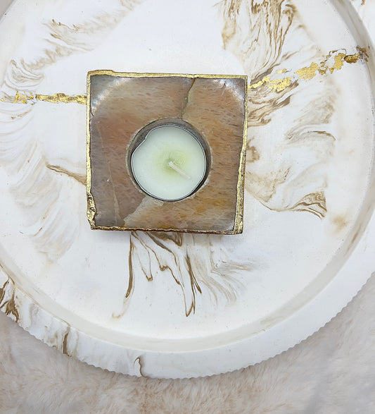 Karneol Teelichthalter – handgeschliffen & an den Rändern 24K vergoldet | 300 g | Warmes Luxus-Unikat