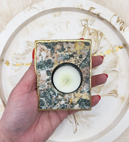 Baumachat Teelichthalter – handgeschliffen & an den Rändern 24K vergoldet | 306 g | Natur-Luxus-Unikat