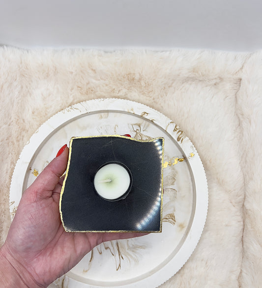 Schungit Teelichthalter – handgeschliffen & an den Rändern 24K vergoldet | 493 g | Schutz & Luxus-Unikat
