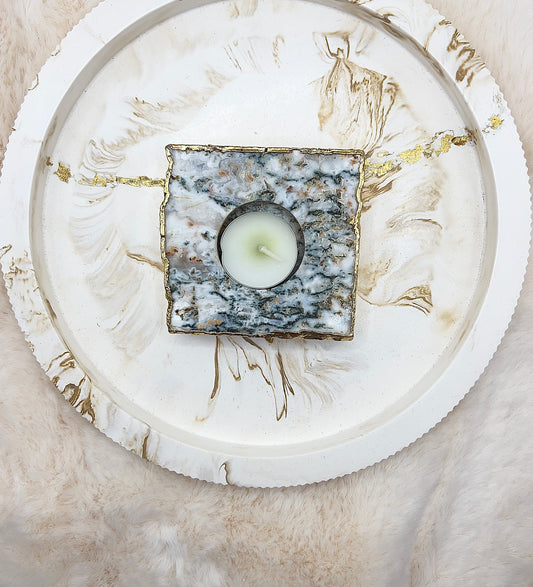 Baumachat Teelichthalter – handgeschliffen & an den Rändern 24K vergoldet | 358 g | Natürliches Luxus-Unikat