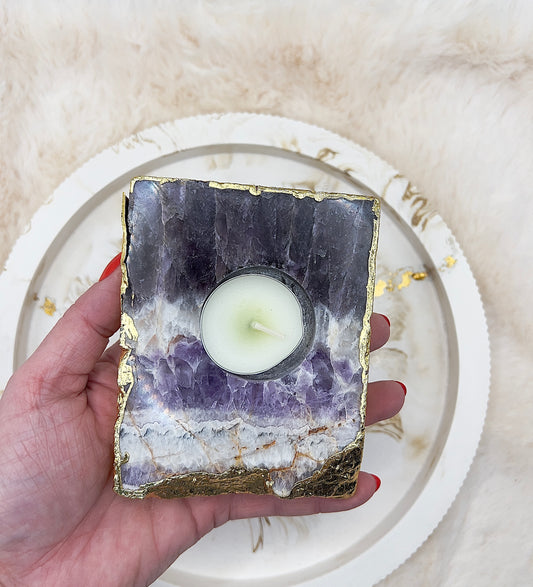 Amethyst Teelichthalter – handgeschliffen & an den Rändern 24K vergoldet | 495 g | Kraftvolles Luxus-Unikat