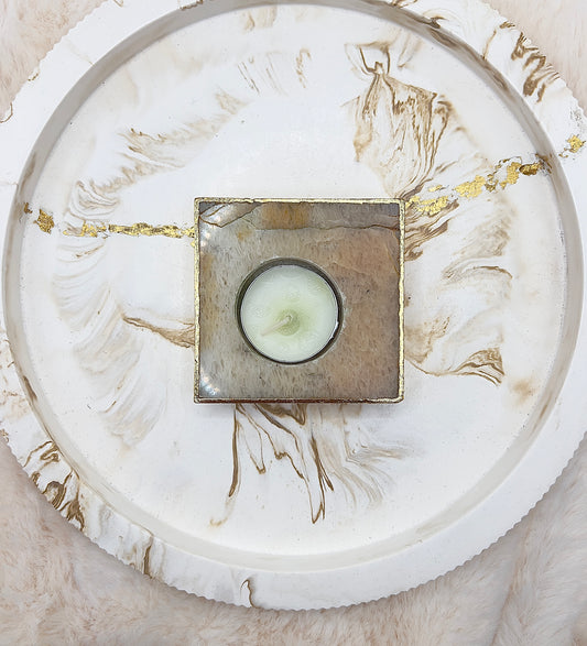 Karneol Teelichthalter – handgeschliffen & an den Rändern 24K vergoldet | 261 g | Warmes Luxus-Unikat