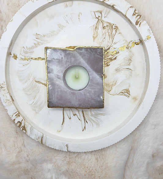 Rosenquarz Teelichthalter – handgeschliffen & an den Rändern 24K vergoldet | 398 g | Liebe & Luxus-Unikat