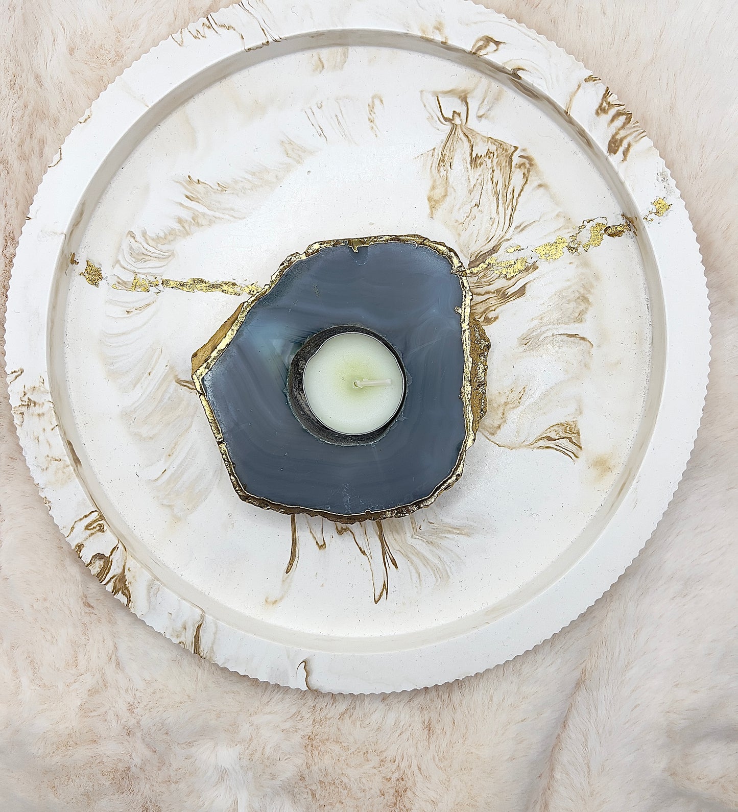 ✨ Blauer Achat Teelichthalter – 24 Karat vergoldet | 350 g