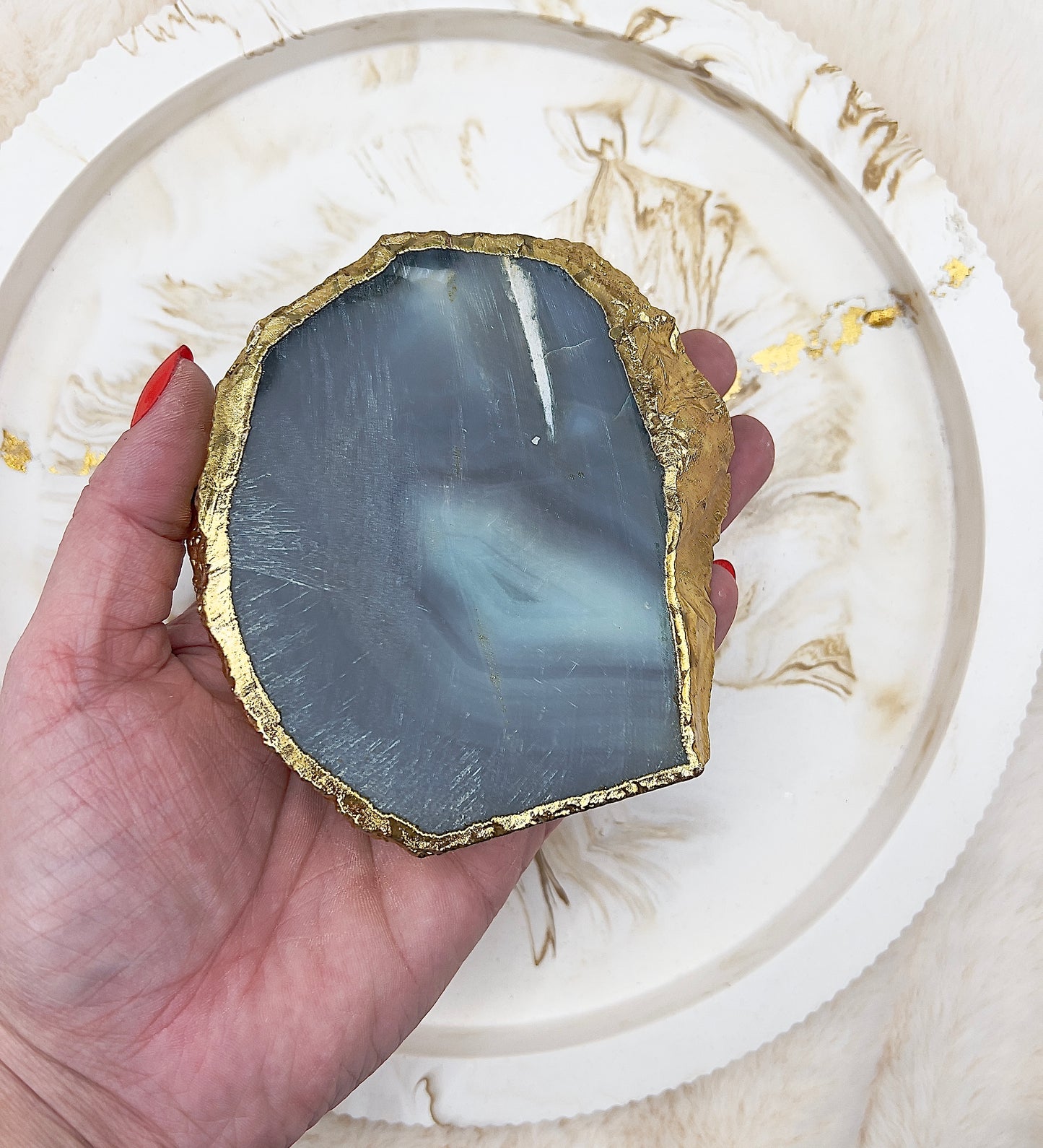 ✨ Blauer Achat Teelichthalter – 24 Karat vergoldet | 350 g