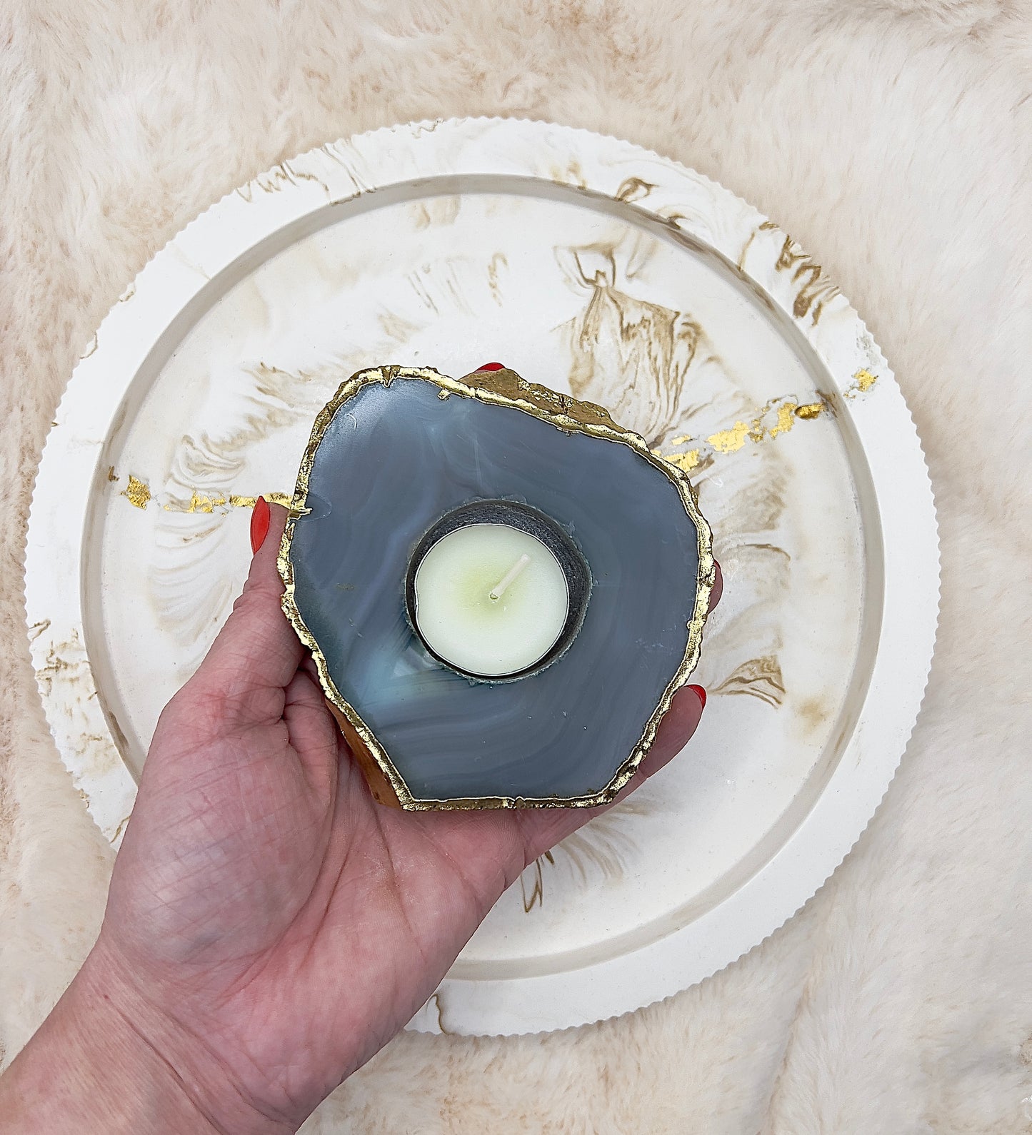 ✨ Blauer Achat Teelichthalter – 24 Karat vergoldet | 350 g