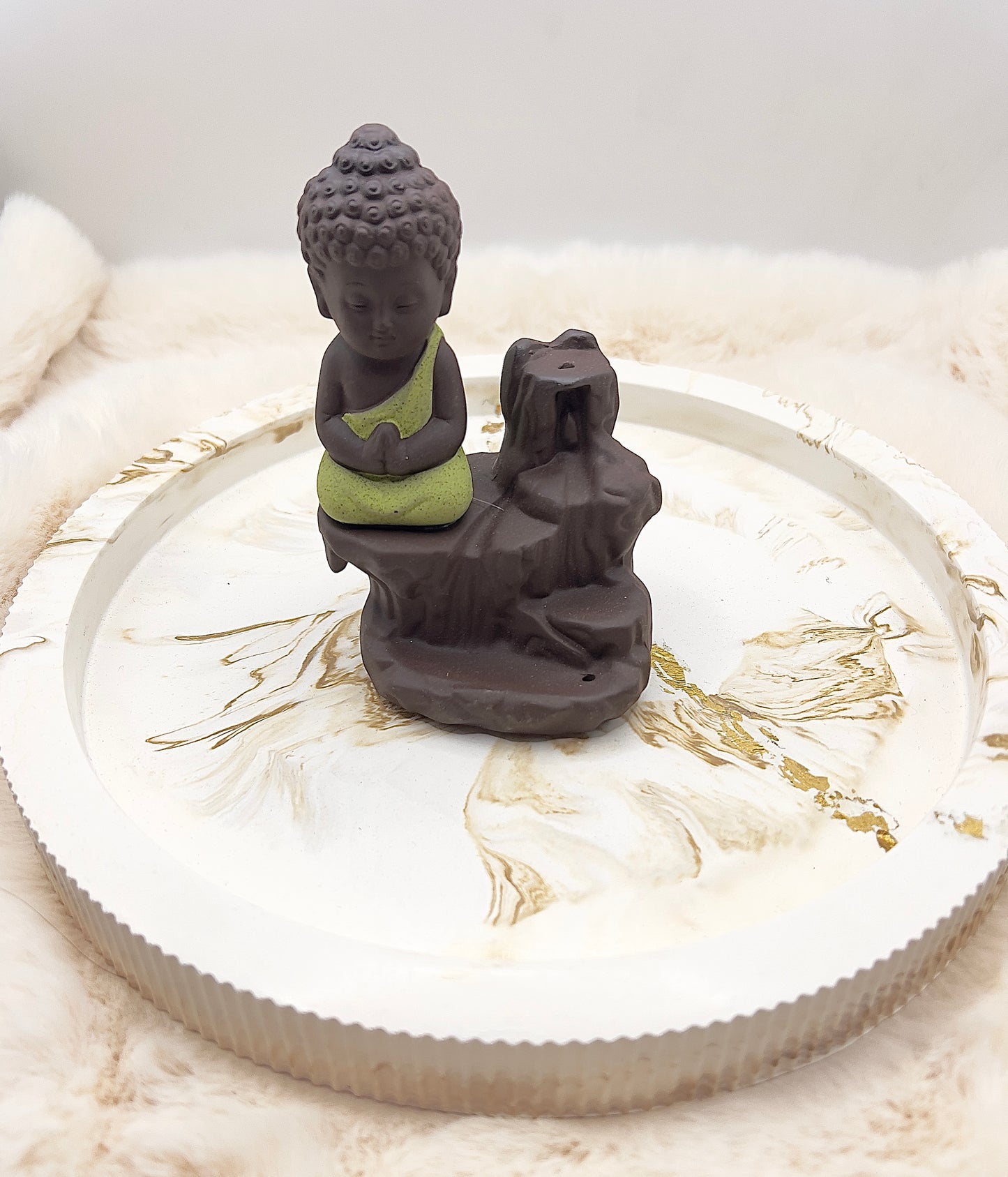 Rückfluss-Räucherkegelhalter Buddha – grün verziert | Räucherbrunnen mit Rückfluss & Stäbchenhalter