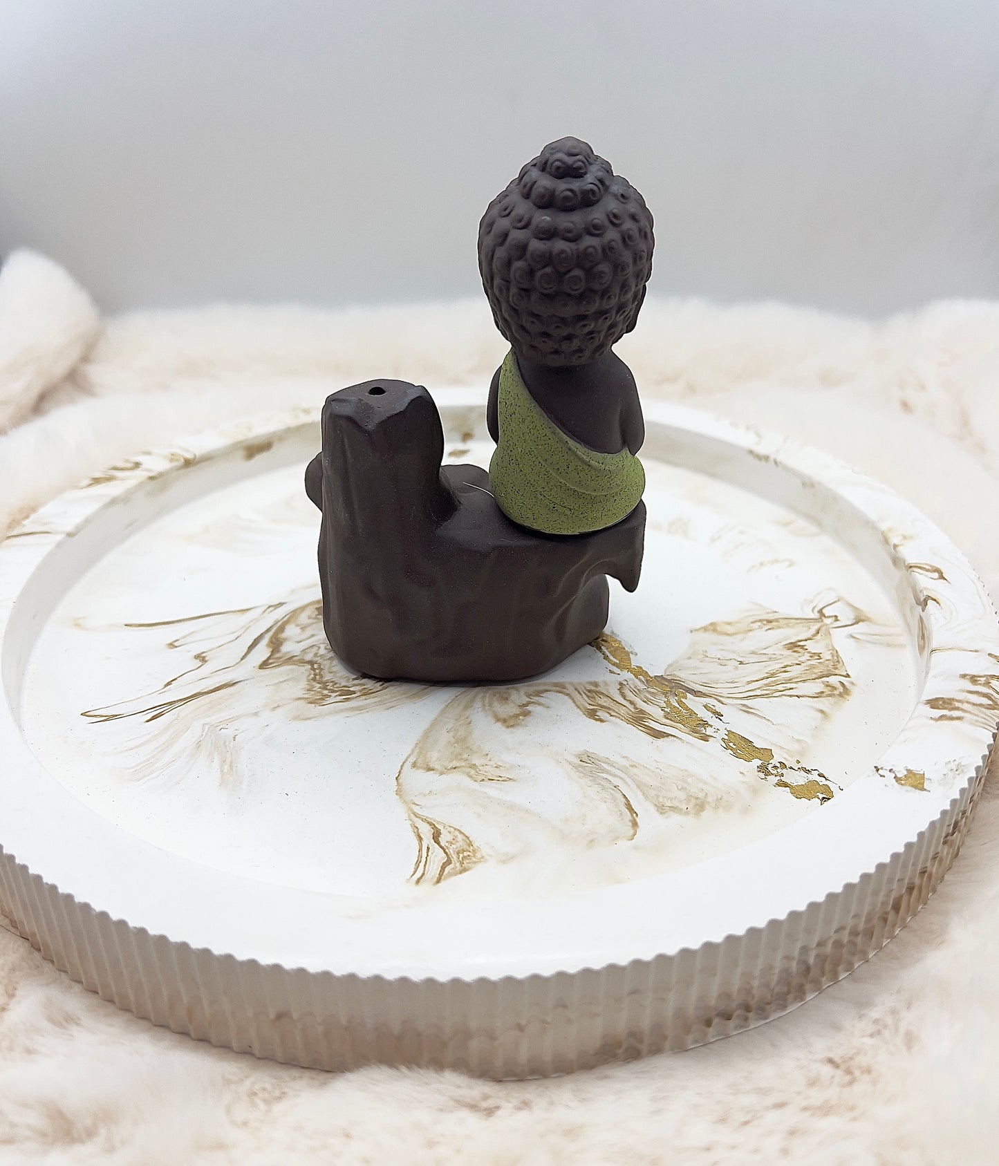 Rückfluss-Räucherkegelhalter Buddha – grün verziert | Räucherbrunnen mit Rückfluss & Stäbchenhalter