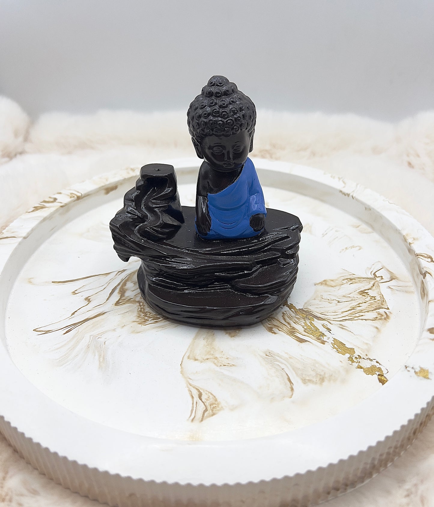 Rückfluss-Räucherkegelhalter Buddha blau – Räucherbrunnen mit Rückfluss & Stäbchenhalter