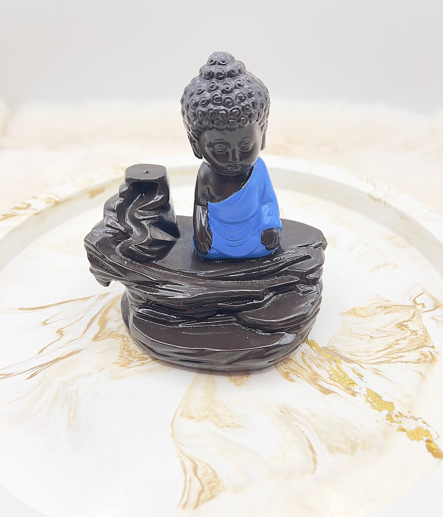 Rückfluss-Räucherkegelhalter Buddha blau – Räucherbrunnen mit Rückfluss & Stäbchenhalter