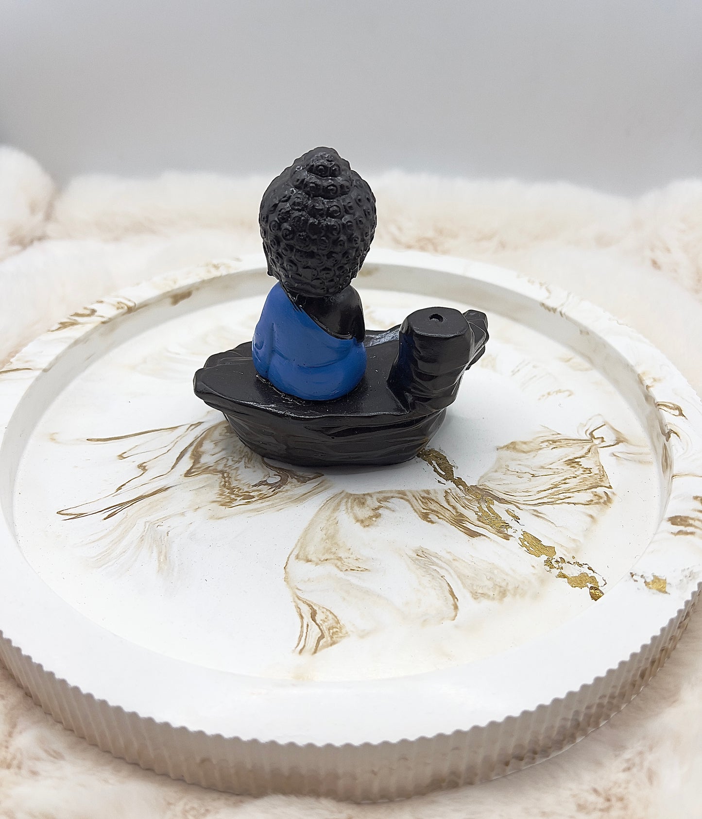 Rückfluss-Räucherkegelhalter Buddha blau – Räucherbrunnen mit Rückfluss & Stäbchenhalter