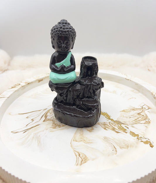 Rückfluss-Räucherkegelhalter Buddha mintgrün – Räucherbrunnen mit Rückfluss & Stäbchenhalter
