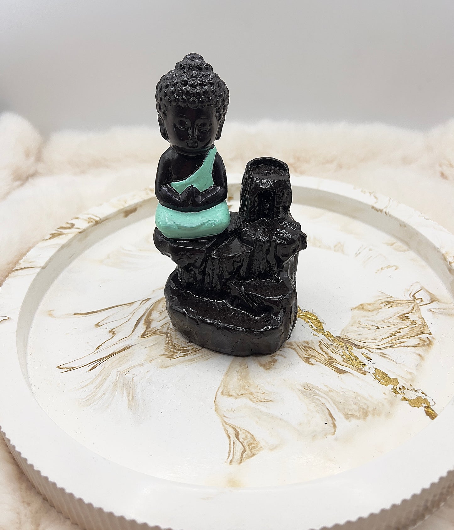 Rückfluss-Räucherkegelhalter Buddha mintgrün – Räucherbrunnen mit Rückfluss & Stäbchenhalter