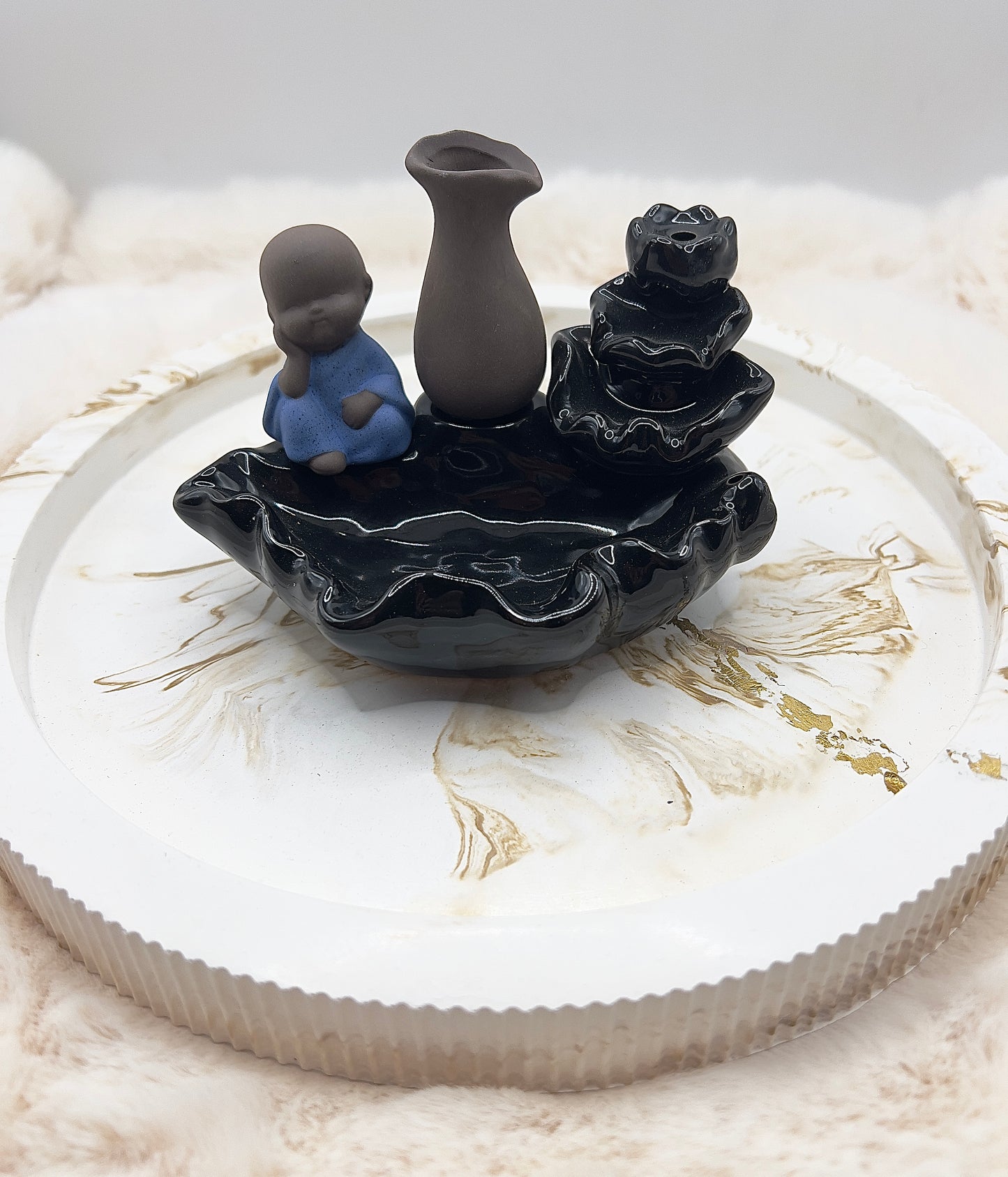 Räucherkegel- & Räucherstäbchenhalter Buddha blau – große Räucherschale mit Halterung