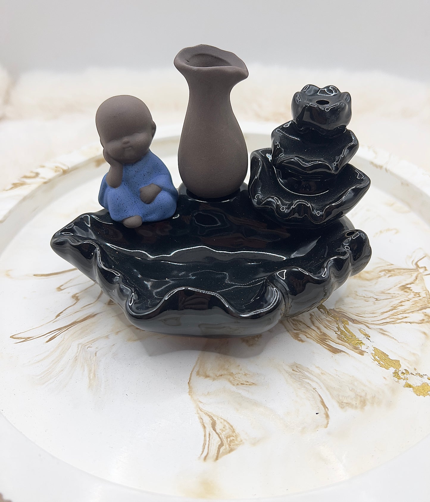 Räucherkegel- & Räucherstäbchenhalter Buddha blau – große Räucherschale mit Halterung