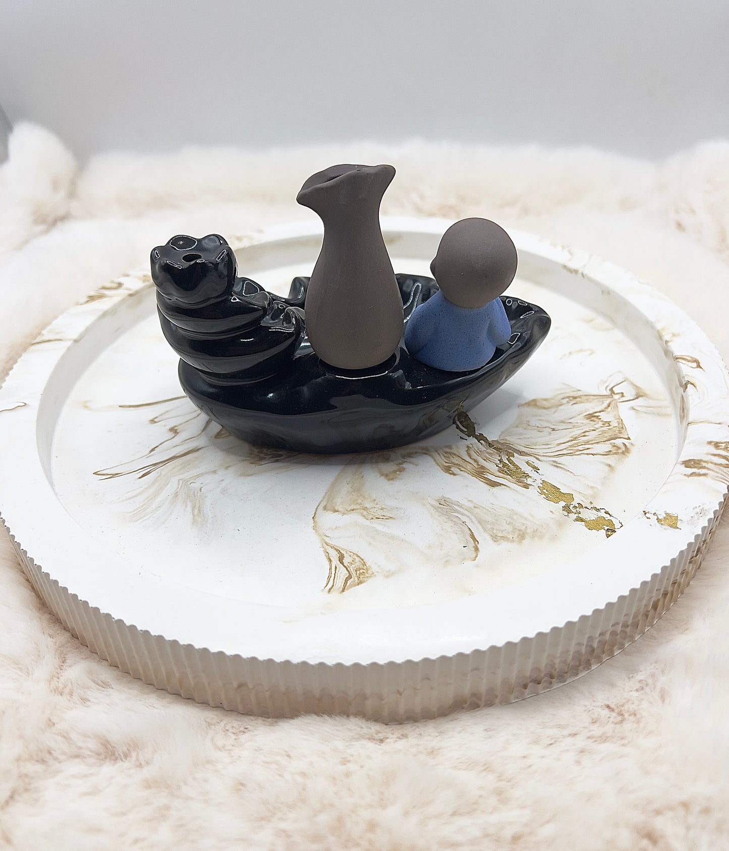 Räucherkegel- & Räucherstäbchenhalter Buddha blau – große Räucherschale mit Halterung