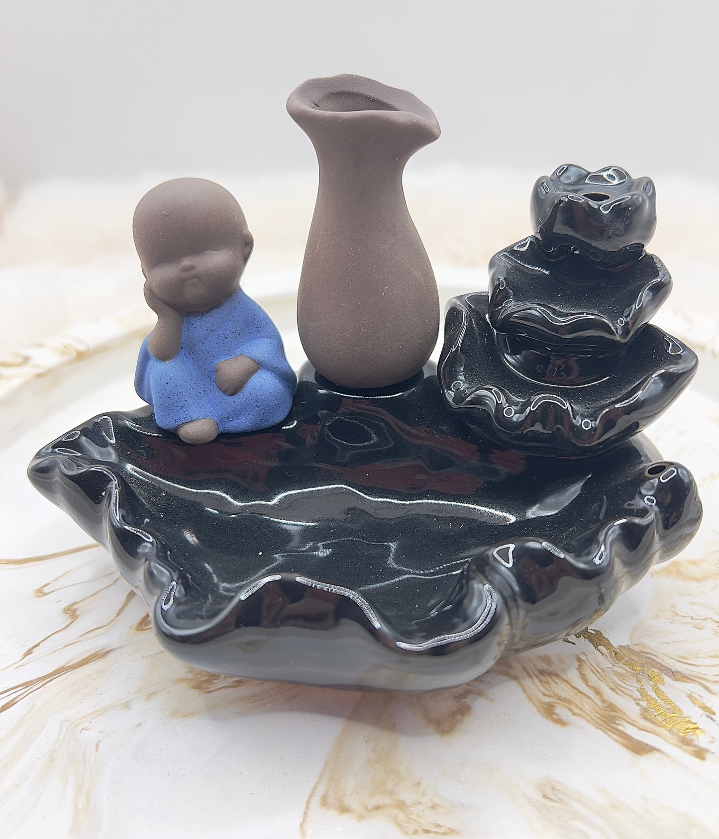 Räucherkegel- & Räucherstäbchenhalter Buddha blau – große Räucherschale mit Halterung