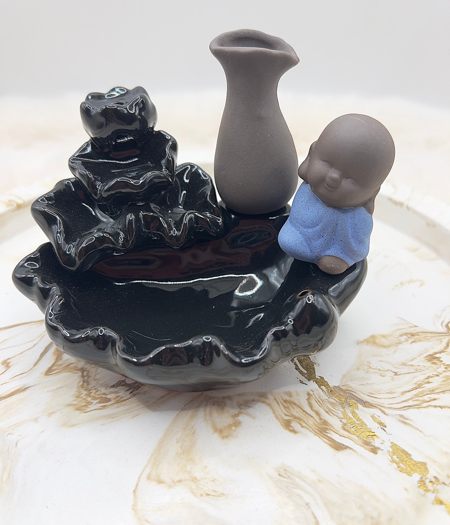 Räucherkegel- & Räucherstäbchenhalter Buddha rechts – große Räucherschale mit Halterung