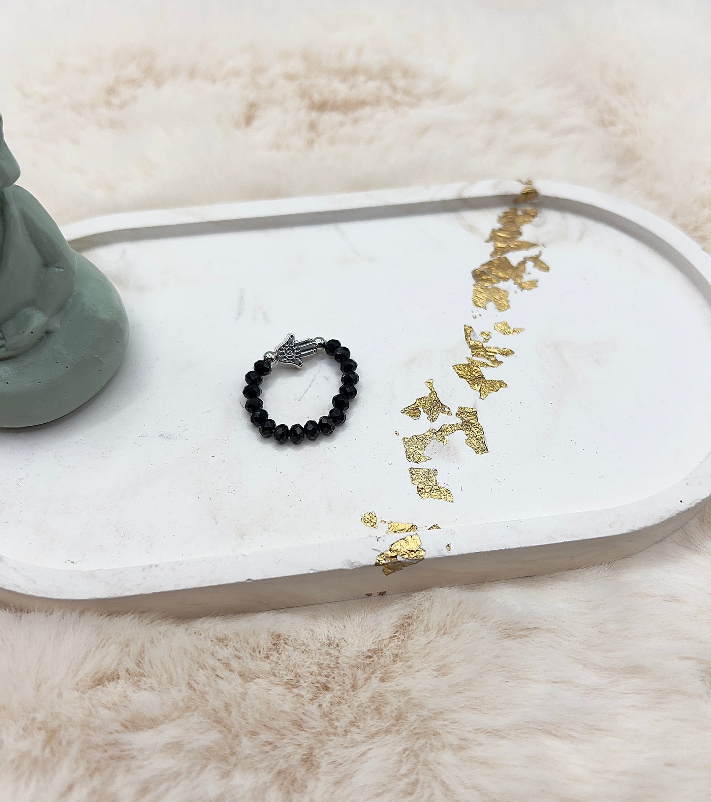 Edelsteinring Schwarzer Turmalin facettiert | 3,5 mm | Hamsa-Hand | Edelstahl silber