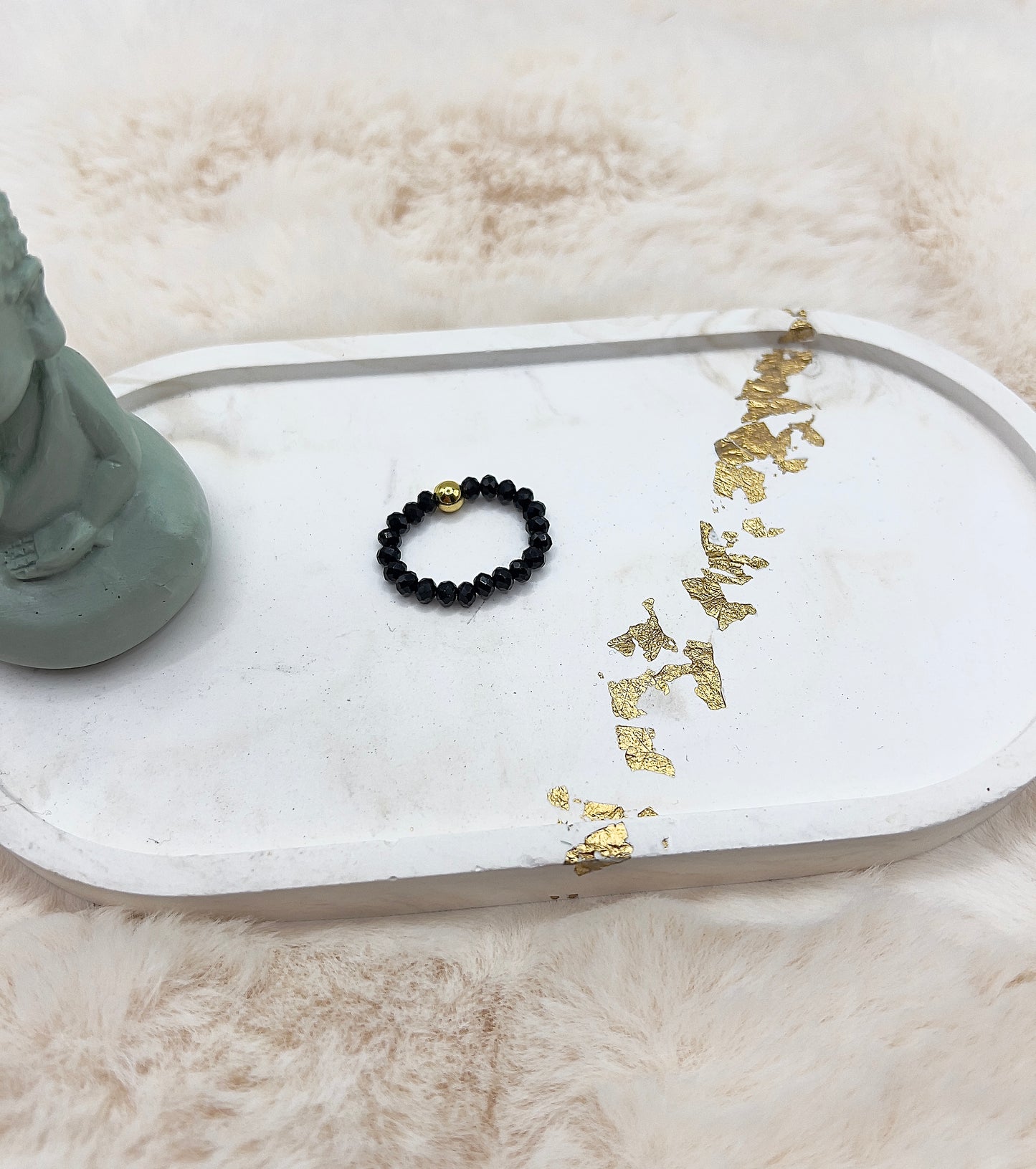 Edelsteinring Schwarzer Turmalin facettiert | 3,5 mm | Edelstahl vergoldete Perle 4mm