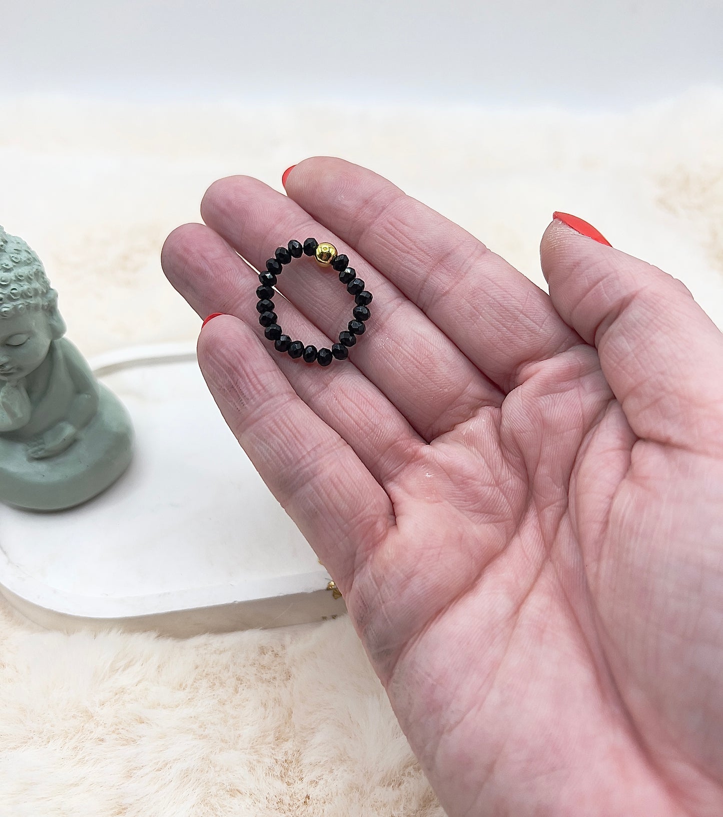 Edelsteinring Schwarzer Turmalin facettiert | 3,5 mm | Edelstahl vergoldete Perle 4mm