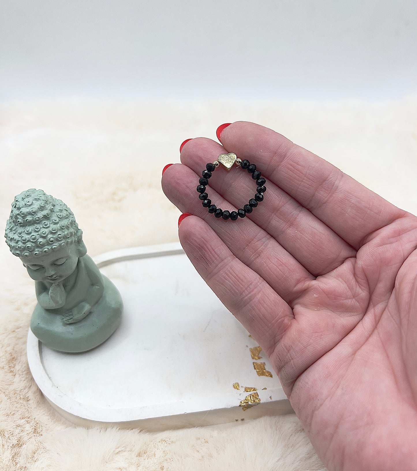 Edelsteinring Schwarzer Turmalin facettiert | 3,5 mm | Herz 925 Silber | 14K vergoldet