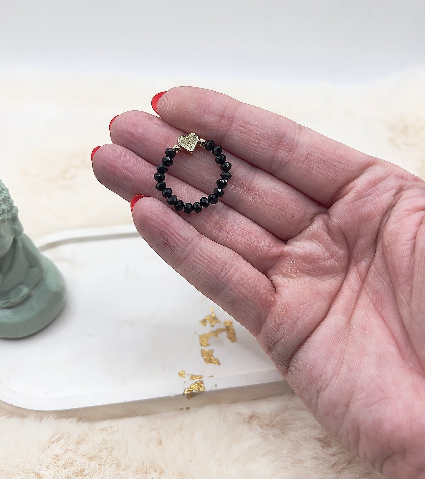 Edelsteinring Schwarzer Turmalin facettiert | 3,5 mm | Herz 925 Silber | 14K vergoldet