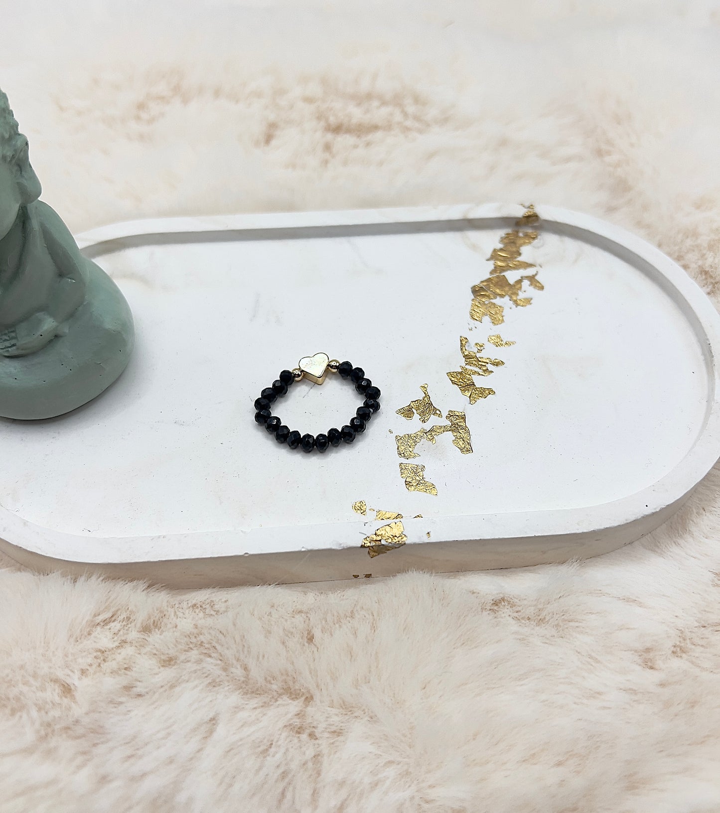 Edelsteinring Schwarzer Turmalin facettiert | 3,5 mm | Herz 925 Silber | 14K vergoldet