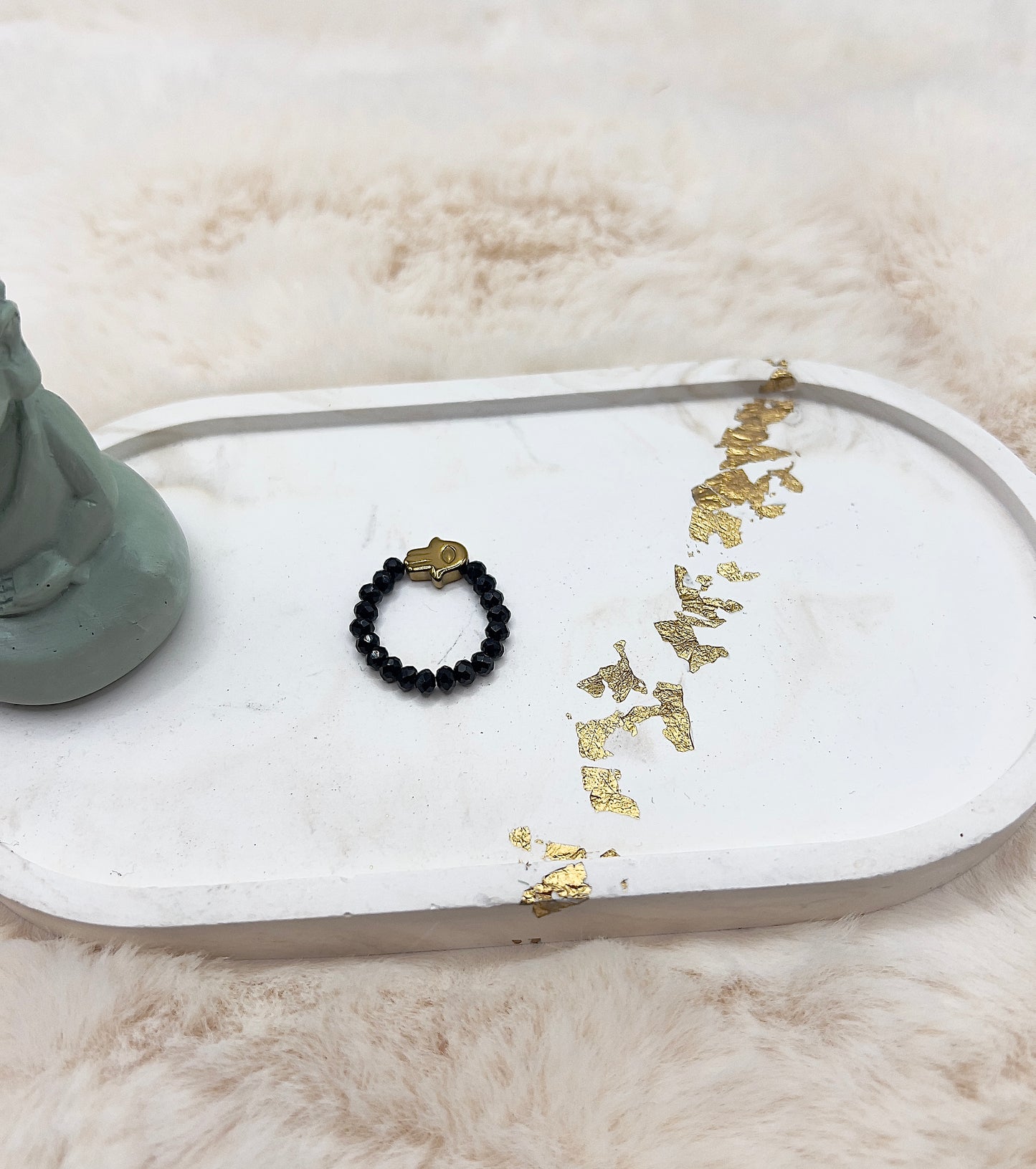 Edelsteinring Schwarzer Turmalin facettiert | 3,5 mm | Hamsa-Hand | Edelstahl vergoldet