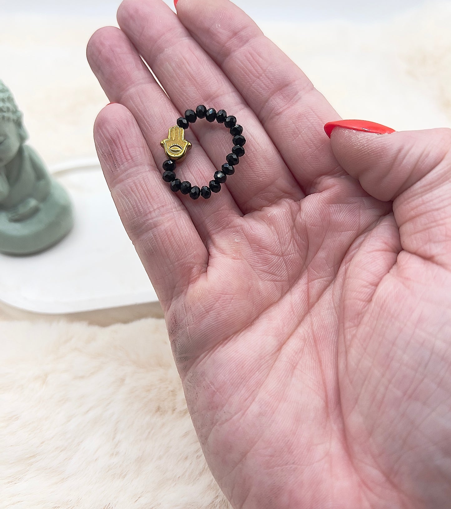 Edelsteinring Schwarzer Turmalin facettiert | 3,5 mm | Hamsa-Hand | Edelstahl vergoldet