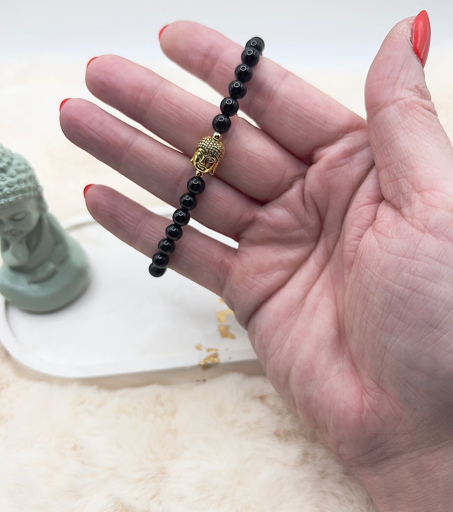 Edelsteinarmband Schwarzer Turmalin | 6 mm rund | Buddha | Edelstahl vergoldet